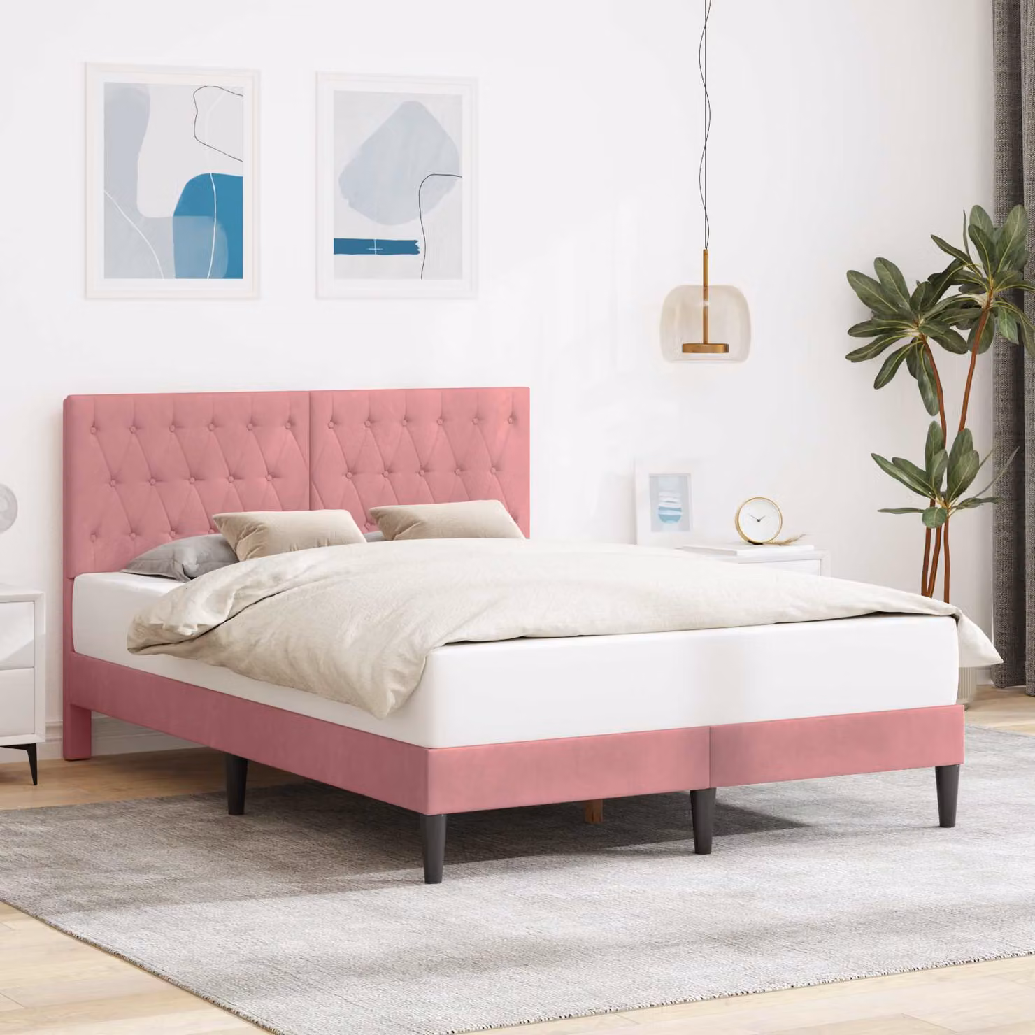 Struttura del letto con testiera vidaXL in velluto rosa, L 140 x P 190 cm