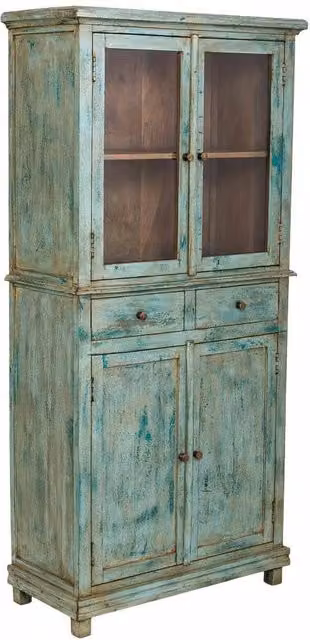 Vetrina in legno e vetro WANDERLUST DECO turchese con ante in vetro e ripiani interni, stile rustico, L: 85 cm, P: 40 cm, H: 180 cm