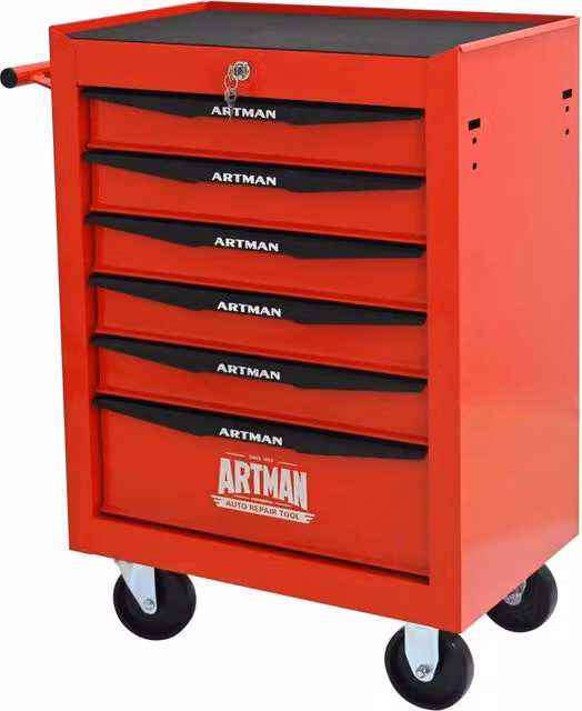 Carrello portautensili in acciaio con 6 cassetti chiudibili e ruote, rosso e nero, L: 60 cm, P: 33 cm, H: 77.5 cm