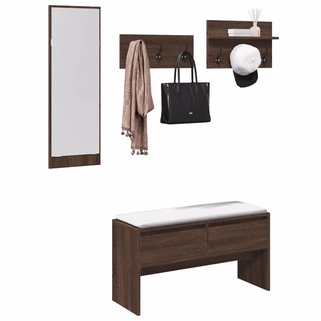 Set Mobili da Ingresso Moderno 4 Pezzi in Legno Rovere Marrone con Panca, Specchio e Pannello – 2