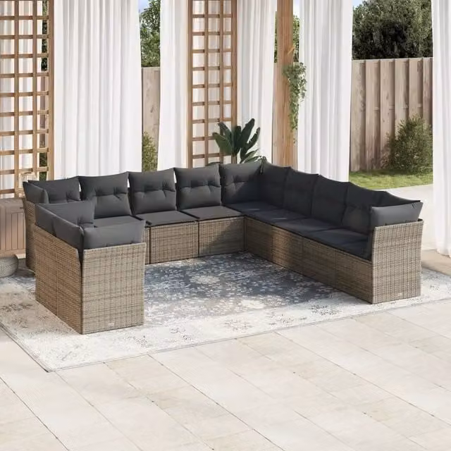 Set di Divani da Giardino VIDAXL a Forma di U in Polyrattan Grigio con Cuscini, 11 Pezzi