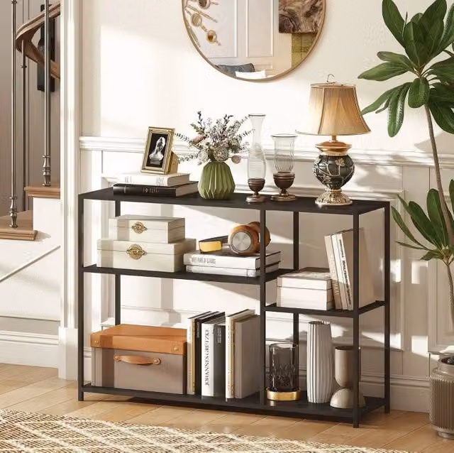 Tavolo consolle nero in acciaio con 4 ripiani, 110x30x75 cm, per ingresso e soggiorno