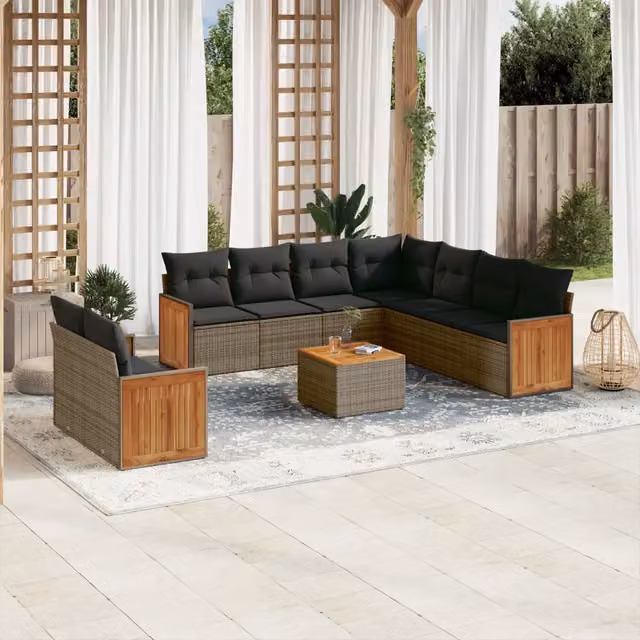 Set Divano da Giardino 10 pz con Cuscini Grigio in Polyrattan 3260191