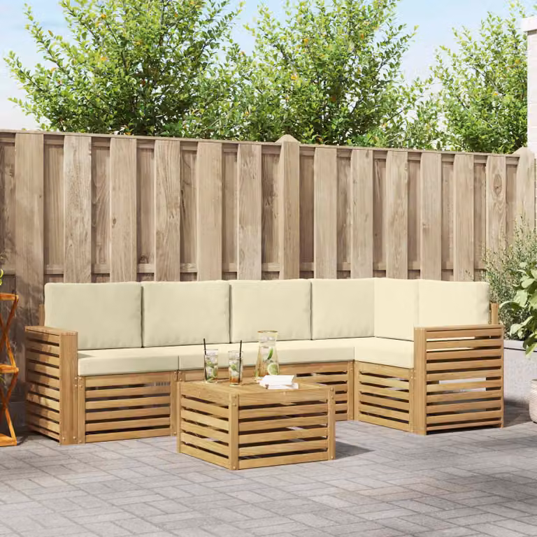Set di divani da esterno vidaXL 6 pz a forma di L con tavolino, in legno di acacia e tessuto bianco e beige