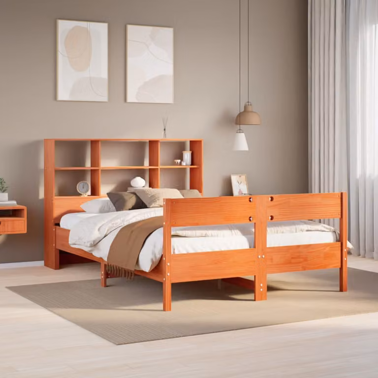 Letto Libreria vidaXL in Pino Massiccio Marrone Cera con Ripiani Laterali e Doghe in Legno 135 x 190 cm