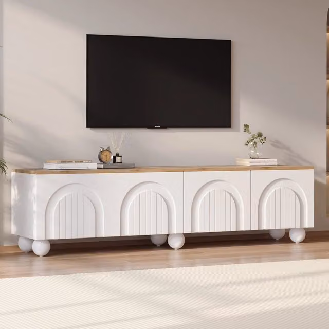 Mobile TV moderno WISHDOR in MDF bianco e finitura legno con 4 ante e 6 gambe in metallo, L/P/H: 180 x 40 x 45 cm