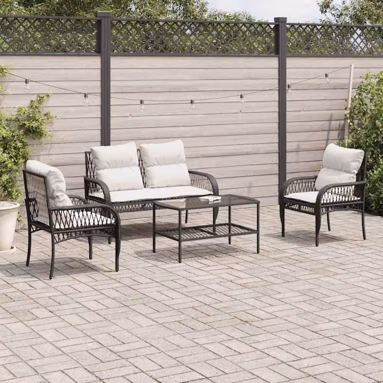 Set da giardino vidaXL composto da 4 pezzi con cuscini, divano a 2 posti, poltrone e tavolino, colore nero e bianco