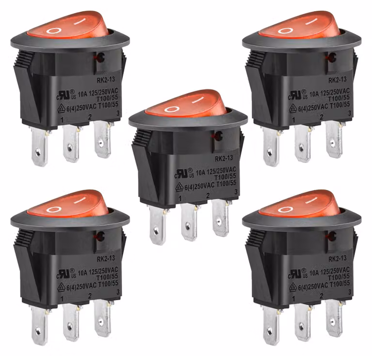 Interruttore a levetta rosso, SPST, 10A, 250V AC, confezione da 5 pezzi