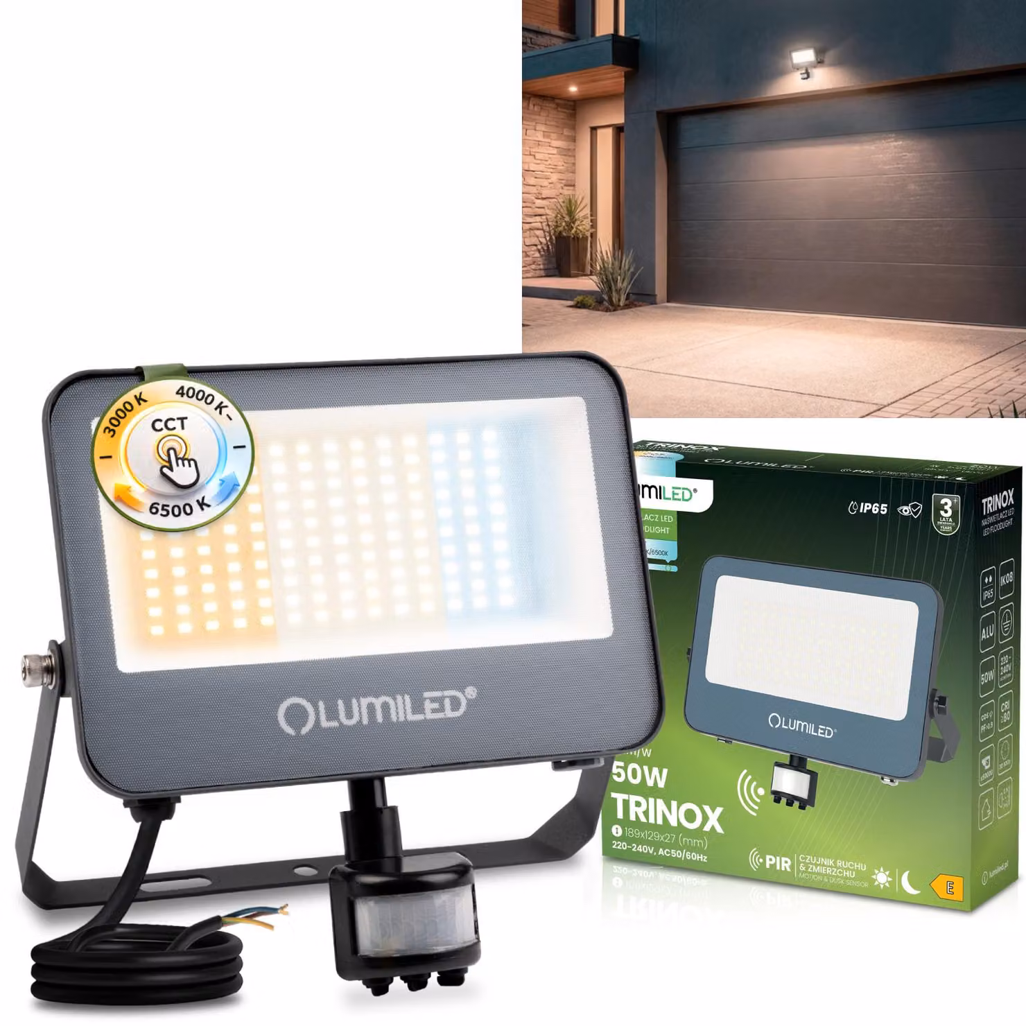 LUMILED Faretto LED da esterno 50W 5500lm CCT 3000K 4000K 6500K con sensore di movimento Sensore crepuscolare IP65 Impermeabile Proiettore da esterno Faretto da giardino Garage Cortile Faretto da parete Alluminio Grigio Faretti Proiettori neri Proiettori
