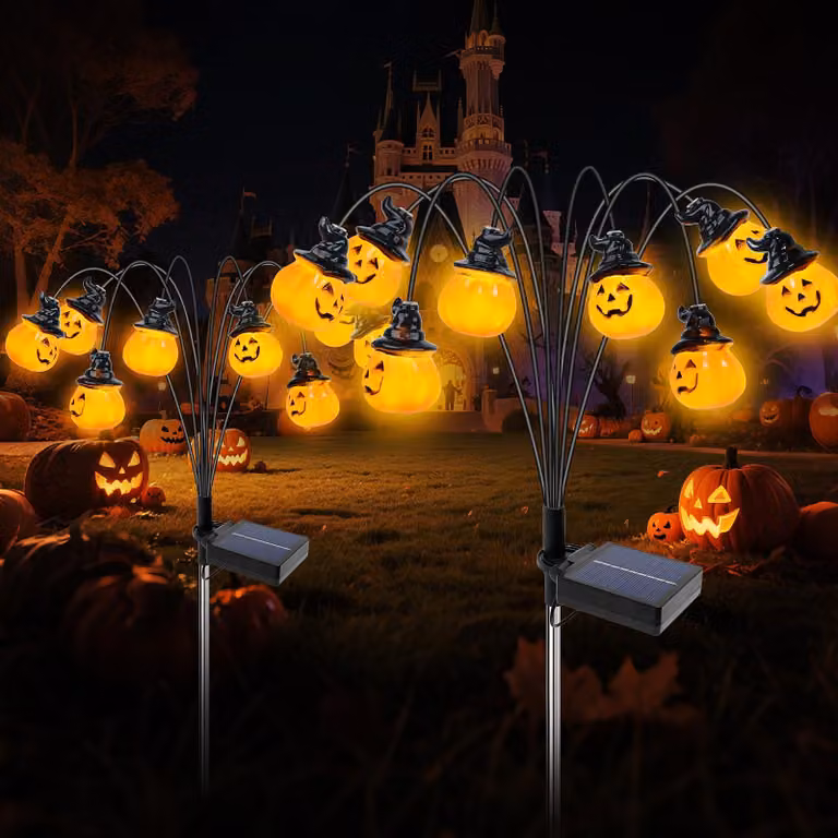 Lampade solari per giardino, set da 2, design a forma di zucca, impermeabili, con LED, ideali per Halloween