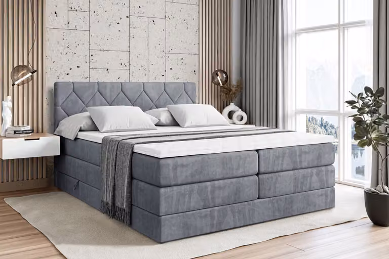 Letto boxspring ALTDECOR con 2 materassi e topper - 140x200 cm - CATOR KING - Velluto grigio - Letto imbottito con materassi H3 e H4, contenitore e rete a doghe, letto con spazio contenitivo