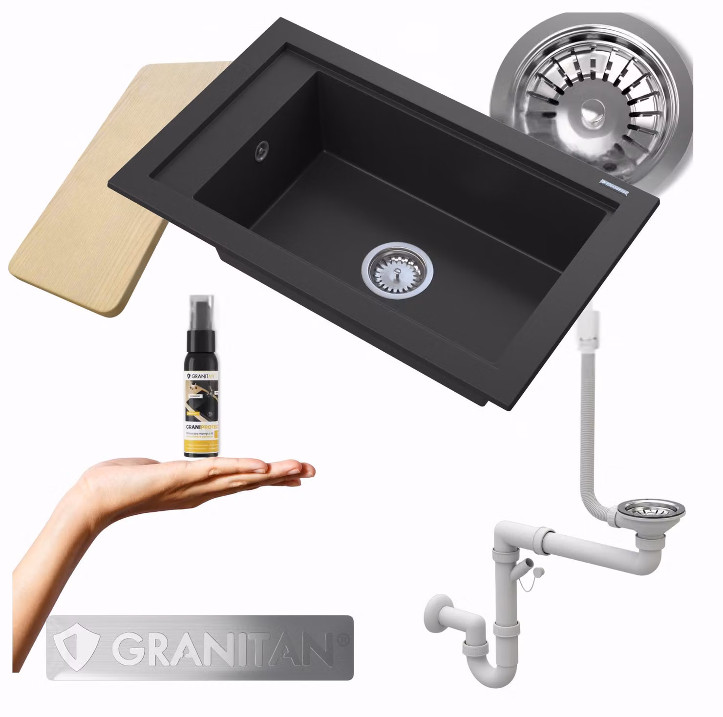 Granitan - Lavello in granito - Lavandino 68,6x42,7 cm - Lavello cucina nero - con sifone - PANAMA