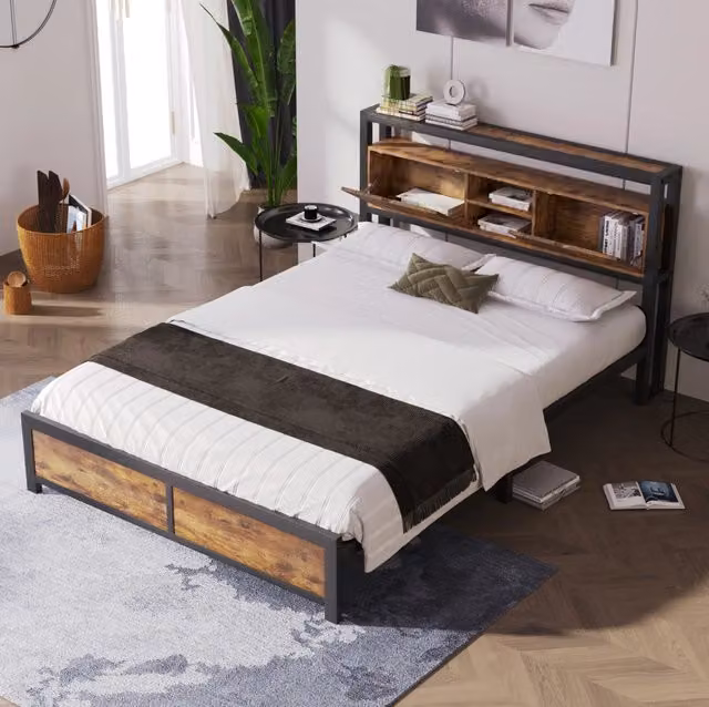 Letto matrimoniale ULEVR 140x200 cm con testiera contenitore a ripiani e spazio sottoletto, metallo e MDF naturale