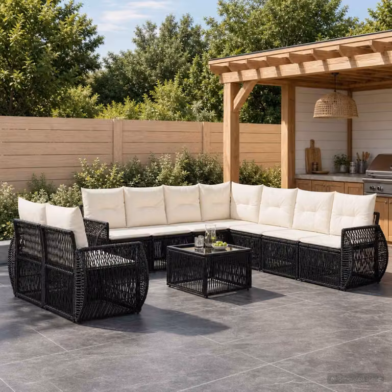 Set Divano da Giardino vidaXL 10 Pezzi a Forma di U in Polyrattan con Cuscini, Colore Nero e Bianco Crema