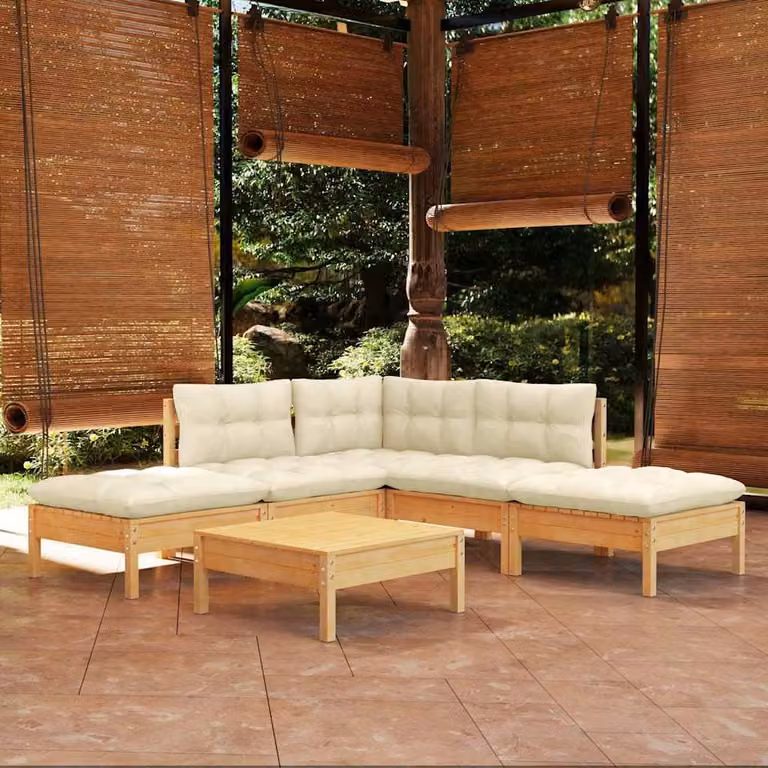 Set Salotto da Giardino vidaXL 6 pz in Legno di Pino con Cuscini Beige e Design Moderno a L