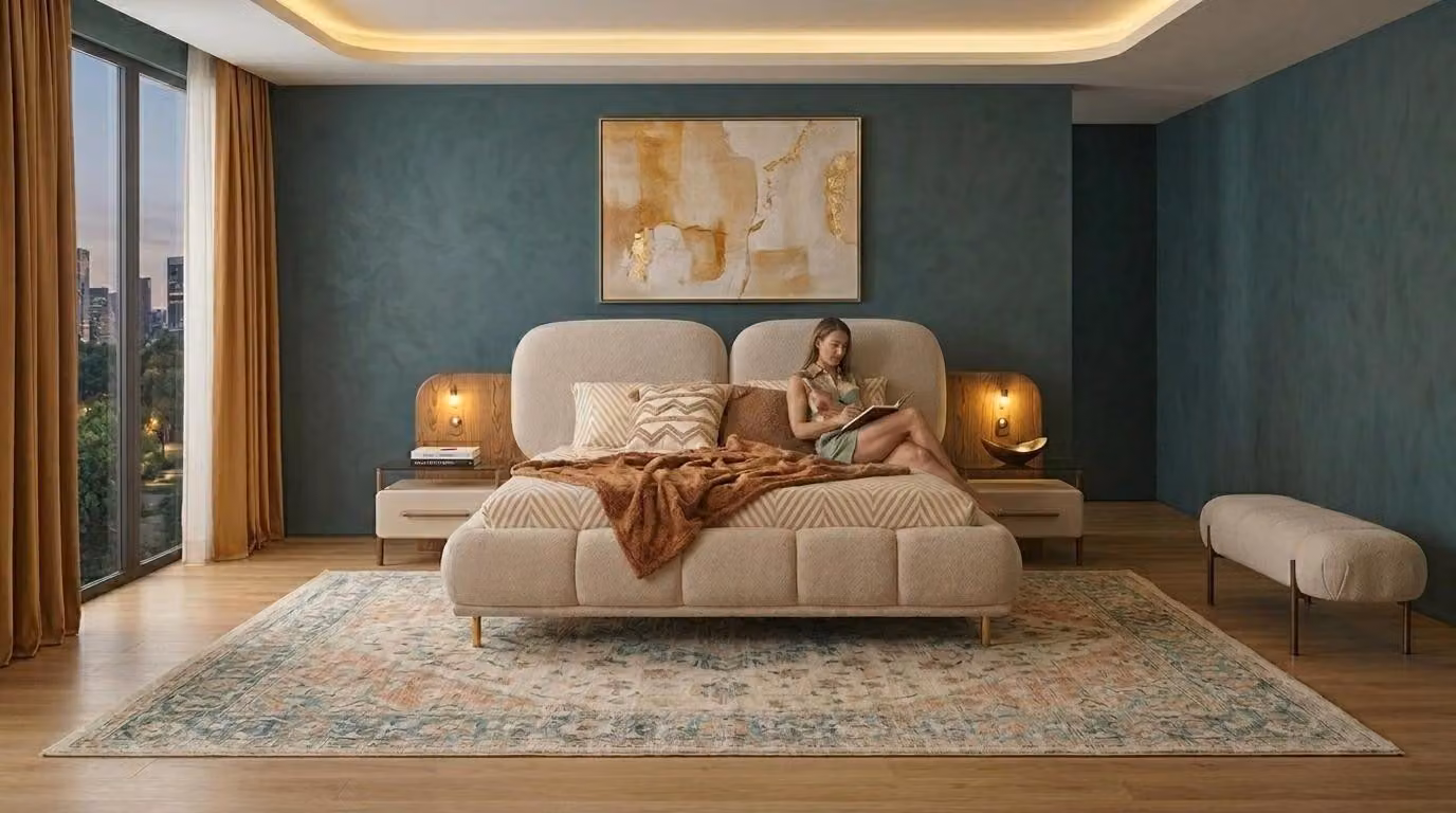 Due comodini, panca, camera da letto, stile moderno, beige, confortevole