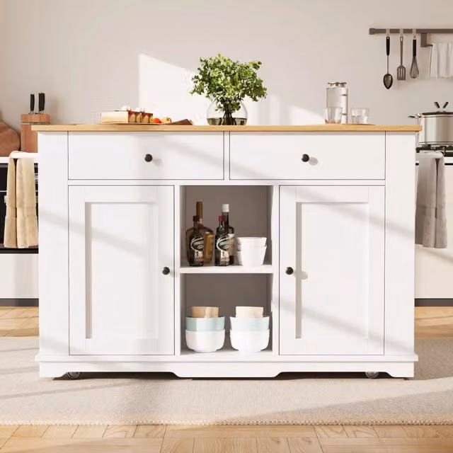 Isola da cucina ULEVR 151,5x59,7x91,7 cm con piano ribaltabile, prese laterali, 2 cassetti e 6 vani, bianco e naturale