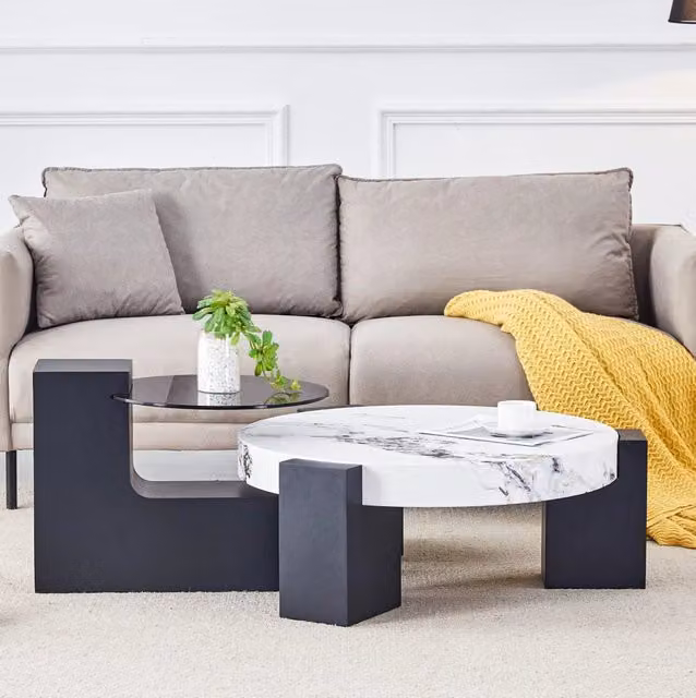 Set 2 tavolini rotondi 61 e 44 cm bianco nero in MDF e vetro; separabili
