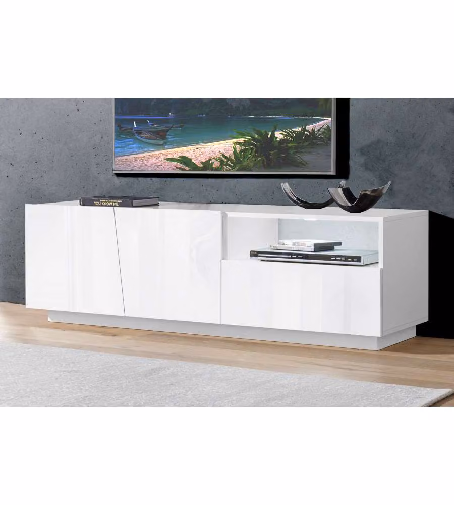 Porta Tv Vega Moderno 2 Ante Battente 1 Cassetto 150 Bianco Lucido