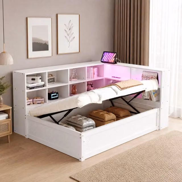 Letto multifunzione 90x200 cm con contenitori; presa integrata e luce LED; bianco