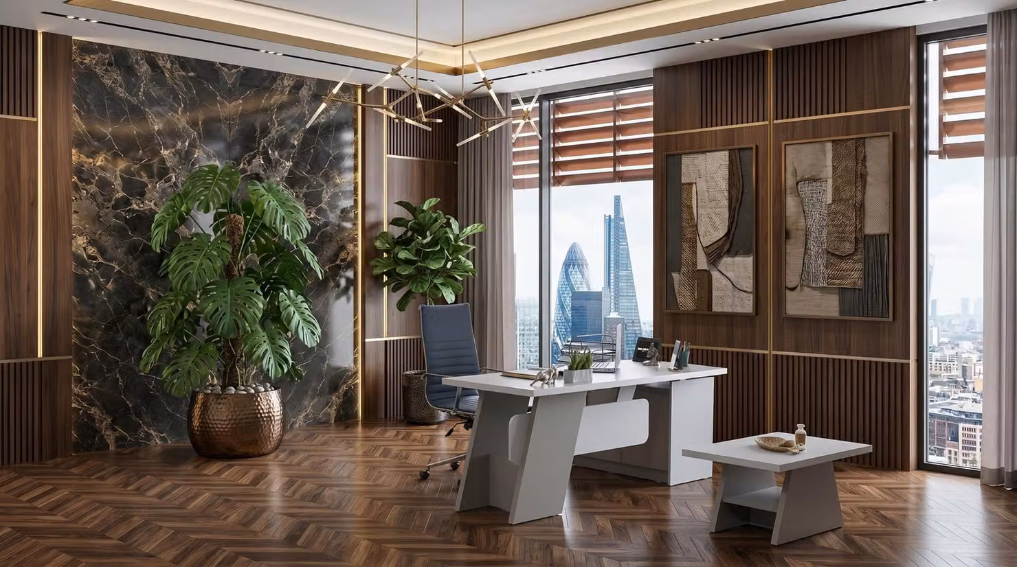 Set da ufficio grigio elegante, composto da scrivania e tavolino, dal design moderno, ideale per un ufficio