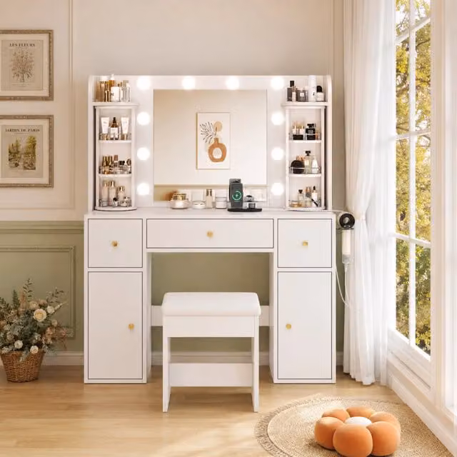 Tavolo da trucco bianco con specchio, LED dimmerabile, organizer gioielli girevole, porta USB-C e asciugacapelli, 3 cassetti, 2 ante, 115x141x40 cm