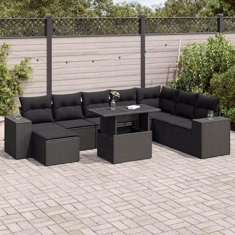 Set di divani da giardino vidaXL a forma di L composto da 9 pezzi con cuscini, colore nero, in polyrattan con struttura in metallo e tavolino da esterno