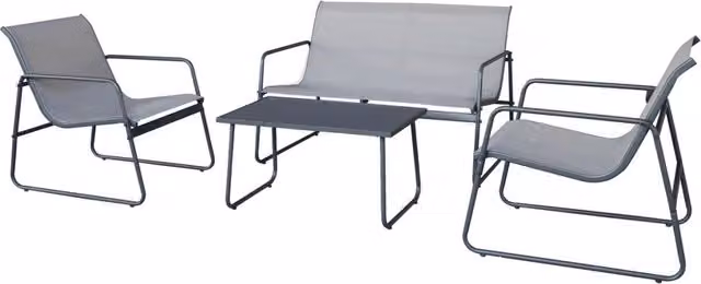 Set da giardino moderno Habitat in acciaio verniciato grigio con divano a 2 posti, poltrone lounge, tavolino e cuscini inclusi