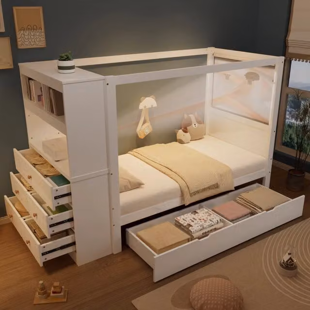 Letto per bambini singolo 90 × 200 cm con barriera, 5 cassetti e scrivania, senza materasso, bianco