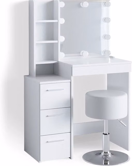 Tavolo da toeletta Meryl Bianco 80 cm con specchio, catena luminosa LED e sgabello Vicco