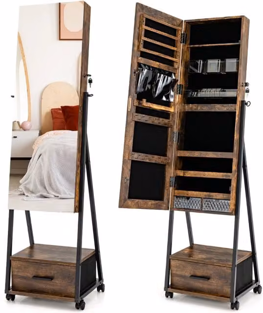 Armadietto portagioie da terra con specchio e cassetti Caffè, mobile contenitore in legno e metallo con serratura per camera da letto e corridoio, H: 108 cm, L: 37 cm, P: 10 cm – 1