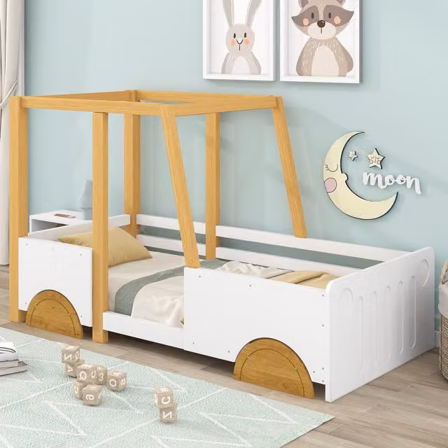 Letto Montessori a forma di Jeep con sponde in legno e MDF Aosom Italy Bianco, 90x200 cm