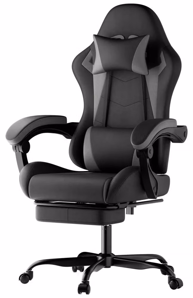 Sedia da gaming ergonomica - sedia da ufficio - con supporto lombare e poggiatesta - regolabile in altezza - girevole - in PVC - nera/grigia