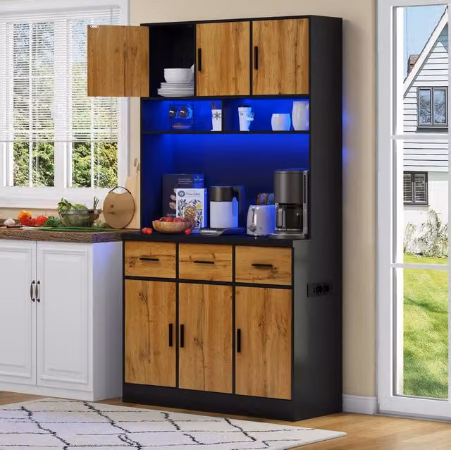 Mobile cucina ULEVR 100x40x180 cm con 6 ante, 3 cassetti, LED multicolore con app, prese e USB, nero e naturale