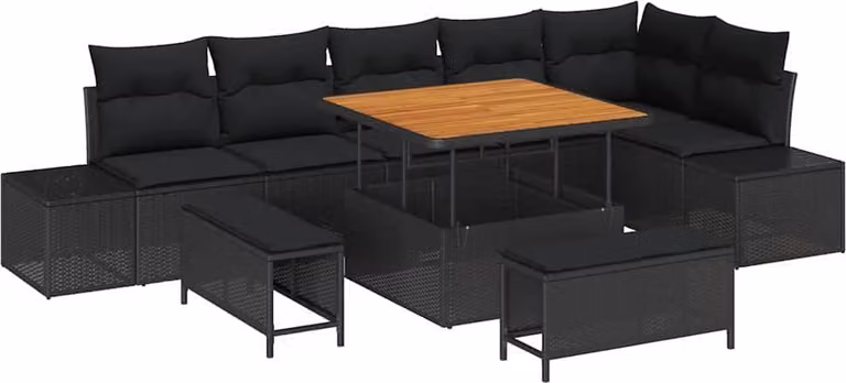 Set Divano da Giardino con cuscino 9 pcs Nero polyrattan