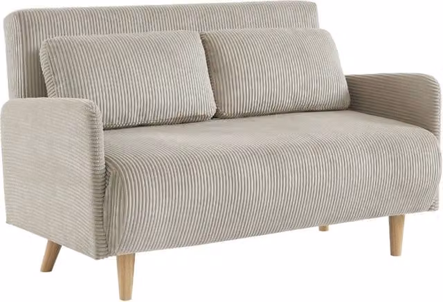Divano letto in velluto a coste con gambe in legno, 2 posti, beige