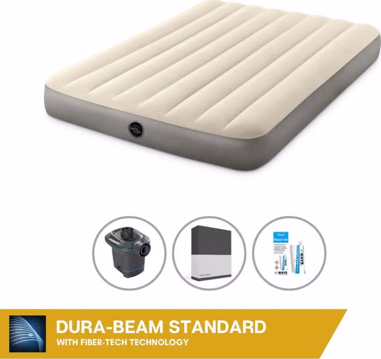 Letto gonfiabile Intex - 2 persone - 137 x 191 x 25 cm - Beige + pompa elettrica Intex - 650 litri/min + lenzuolo nero + kit di riparazione