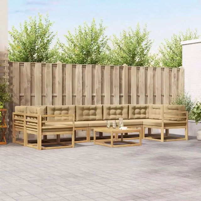 Set di divani da esterno a L con tavolino vidaXL in legno di acacia, colore bianco, beige e marrone, composto da 6 pezzi con cuscini inclusi – 1