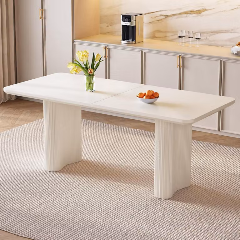 Tavolo da pranzo rettangolare, color crema, 160 cm, con angoli arrotondati