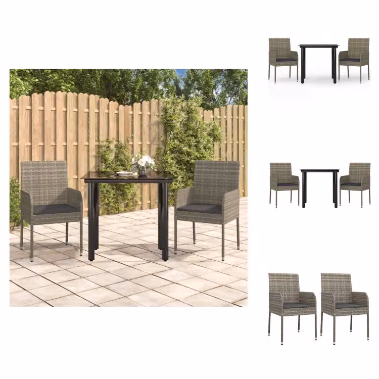 vidaXL set da pranzo da giardino a 3 pezzi con cuscini in poly rattan nero e grigio - Set di mobili da giardino