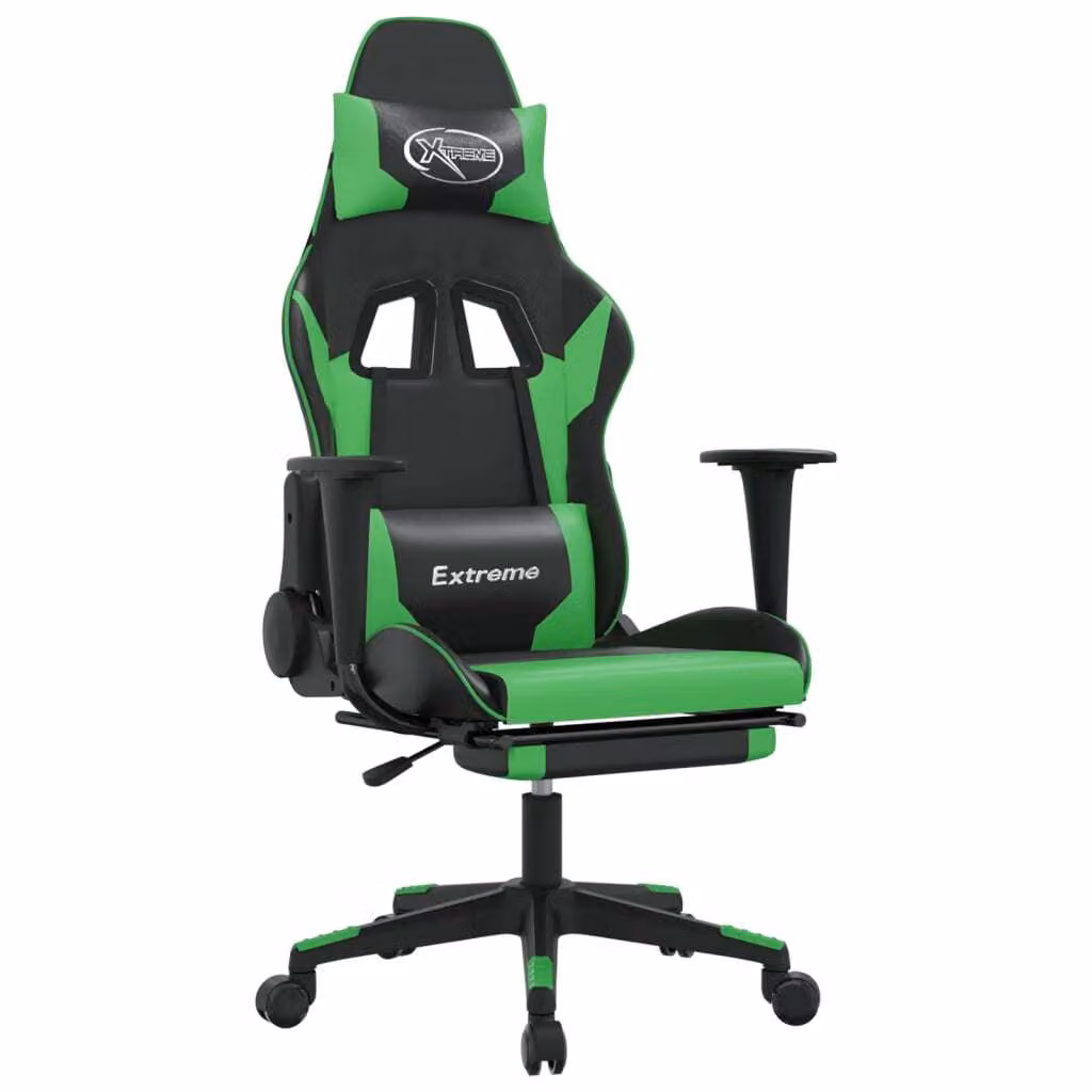 Sedia da Gaming con Poggiapiedi Nero e Verde in Pelle finta