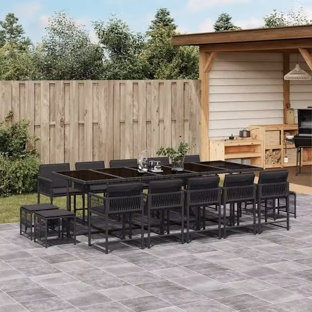 Set da Pranzo da Giardino vidaXL in Polyrattan Nero con Cuscini e Tavolo in Vetro, 15 Pezzi