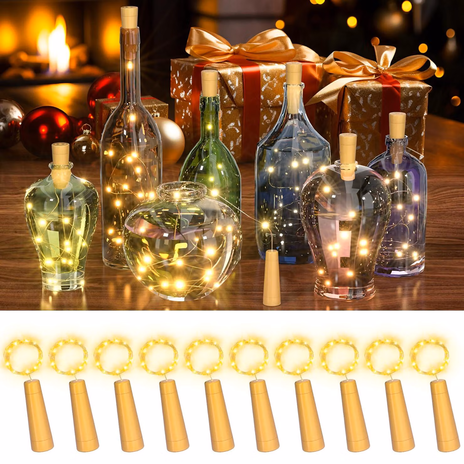 Set di 10 luci a LED per bottiglie, lunghezza 2 metri, 20 LED, luce bianco caldo, con timer