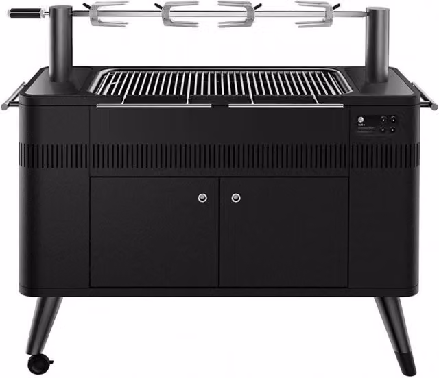 Barbecue HUB II Everdure by Heston Blumenthal con sistema di girarrosto e accensione del carbone, nero e argento
