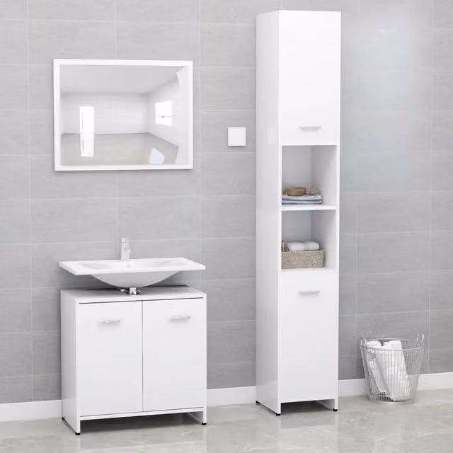 Set Mobili da Bagno Moderno vidaXL in Bianco Lucido composto da Mobile Alto, Mobile Lavabo e Armadietto con Specchio in MDF – 1