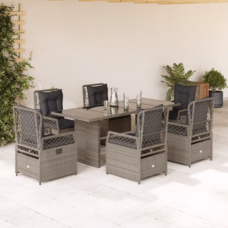 Set da pranzo da giardino vidaXL in polyrattan e vetro con 7 pezzi, colore grigio
