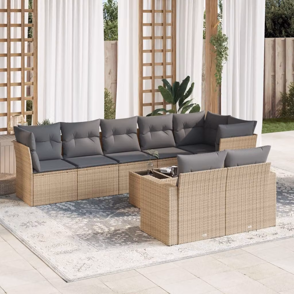 vidaXL Set Divano da Giardino a L 9 pz con Tavolino in Vetro e Cuscini Beige e Grigio – 1