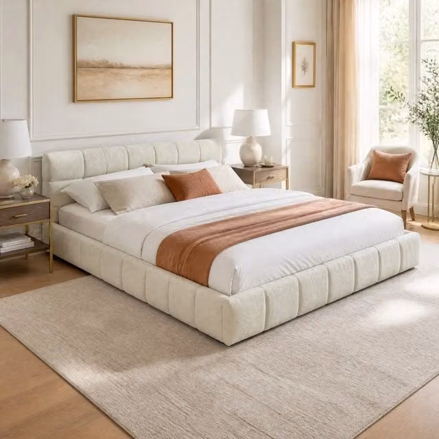 Letto Mivray con rivestimento in tessuto beige e design trapuntato geometrico L/P/H: 140 x 200 cm