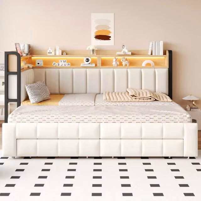 Letto divano 90 × 200 cm e 180 × 200 cm con 2 cassetti, ripiani, LED, USB e Type-C, senza materasso, beige
