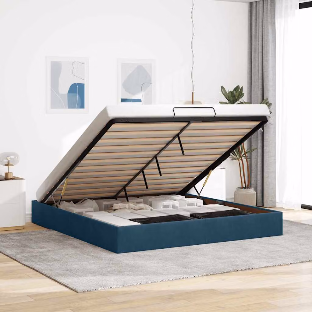 Struttura Letto Pouf vidaXL in Velluto Blu con Contenitore a Sollevamento, L/P: 160 x 200 cm